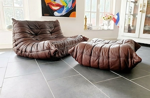 TOGO Ligne Roset Sofas 2x 2-Sitzer + Hocker Leder Braun Original Klassiker Bild 3