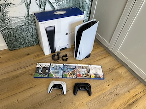 sony Playstation 5 PS5 disc version mit 5 spiele + 2 controller und verpakung 