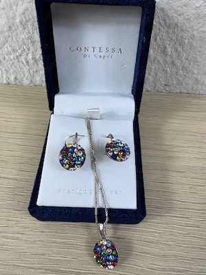 Contessa di Capri Schmuck Set 925 Silber   Kette + Ohrringe bunt