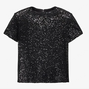 NEU m.E. Ausgeh Anlass Disco Party Glitzer Pailletten Kurz Corp Top T- Shirt MNG Mango 36-38 S black