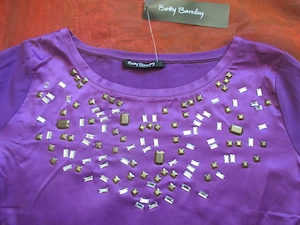 NEU mit E. Antik Gold Nieten Strass Kristalle Seiden Satin Longsleeve Tunika T- Shirt Betty Barclay