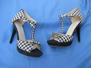 Pinup Burlesque Vichy Karo High Heels Stilettos Plateau T-Steg Sandaletten MORGAN 38  5 schwarz weiß