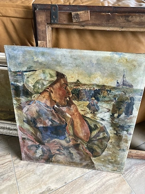 vintage Bild     Gemälde   Leinwand    in alten Holzrahmen    " Strand v. Katwijk " Bild 8