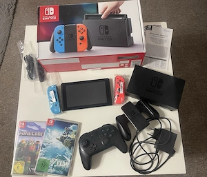 nintendo switch 1 neon modell mit spiele Minecraft + Zelda tears und verpakung 