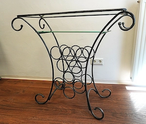 Weinregal-Konsolentisch, Dekantiertisch, Schmiedeeisen mit 2 Glasplattenetagen