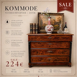 Antike Gründerzeit-Kommode aus 1890er Jahren   Nussbaumfurnier, 4 Schubladen   zeitlos elegant