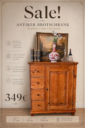 Antiker Biedermeier-Brotschrank aus Weichholz (1840er)   Landhaus-Stil, 4 Schubladen, Honigton, Schl