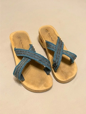Betty May Fashion Plateau Sandalen Gr.39 blau Perlenstickerei Keilabsatz Y2K