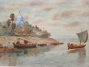 MAUNG TUN HLA (Burmese), Mandalay Palace + White Pagoda by river, 2 x W_C signed Bild 5