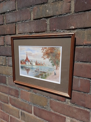 MAUNG TUN HLA (Burmese), Mandalay Palace + White Pagoda by river, 2 x W_C signed Bild 2