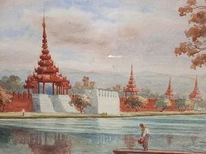 MAUNG TUN HLA (Burmese), Mandalay Palace + White Pagoda by river, 2 x W_C signed
