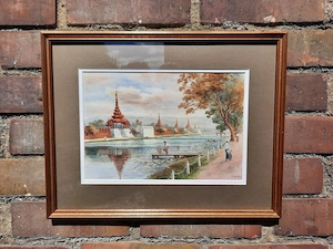 MAUNG TUN HLA (Burmese), Mandalay Palace + White Pagoda by river, 2 x W_C signed Bild 6
