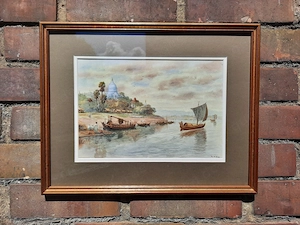 MAUNG TUN HLA (Burmese), Mandalay Palace + White Pagoda by river, 2 x W_C signed Bild 10