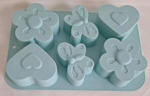 Silikon Backformkasten für 6 Figuren (Schmetterling, Herz, Blume)