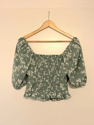 Damen Bluse Crop Wickelbluse Grün Blumen Puffärmel Größe S Sommer Bild 2