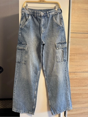 Wide Leg Cargo Jeans Damen   Blau   High Waist   Größe 38 (M)   Vintage Look