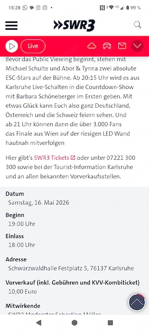 2 x Tickets SWR3 EEC Party 16.05.2026 in Schwarzwaldhalle Karlsruhe 