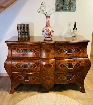 Antike Barock-Stil- Kommode | Palisanderfurnier, Intarsien & Edle Beschläge   6 Schubladen    