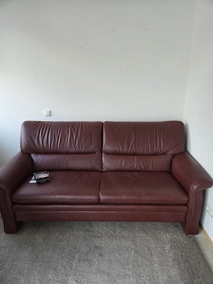 Echtleder Schlafsofa 3-Sitzer + Sessel, bordeauxrot