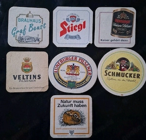 7 verschiedene Bierdeckel 1970 bis ca. 1990 Stiegel Schmucker Hen