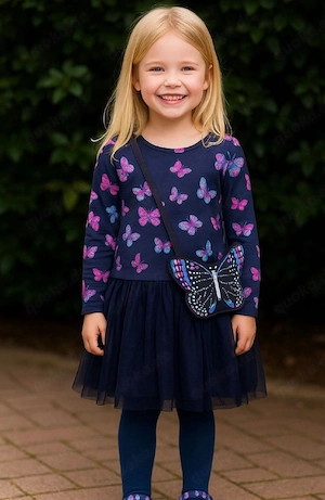 Neues Mädchen Kinderkleid mit Schmetterlingen + Tasche