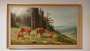 Großes signiertes Ölbild  H. Nickel    Waldlandschaft mit Rehen   Vintage gerahmt