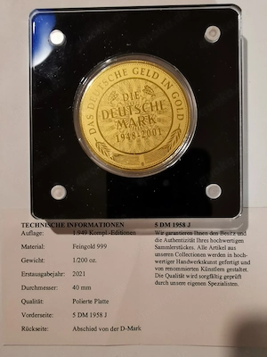 "Das Deutsche Geld in Gold - 5 DM 1958 J" 1 200 oz 999er Feingold mit Zertifikat, Polierte Platte Bild 4