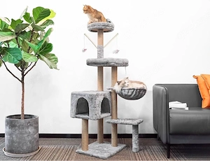 Kratzbaum grau beige 145 cm Sisal Stoff mit Hängematte Höhle Plattform Spielzeug
