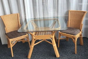 Glastisch 2 Stühle Rattan Holzgeflecht Sitzgruppe Tisch & Stuhl Bild 3