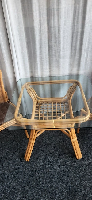 Glastisch 2 Stühle Rattan Holzgeflecht Sitzgruppe Tisch & Stuhl Bild 4