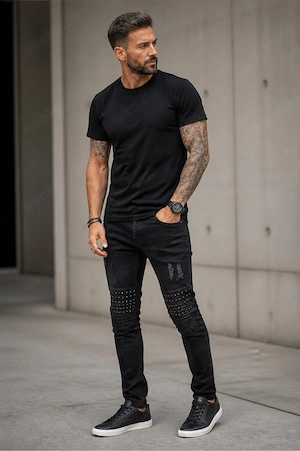 PRODIGY Herren Jeans Slim Skinny Schwarz Baumwolle 33 32 Nieten