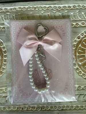 Handy-Anhänger Perlenkette mit rosa Schleife & Karabinerhaken,