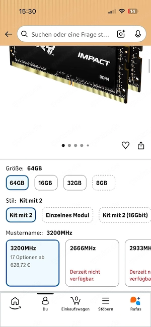 Kingston Hyper Fury 64GB Laptop RAM DDR4 3200MHz (2x32GB) Bild 3