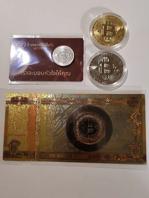 Konvolut "Bitcoin" mit Münzen und Geldschein