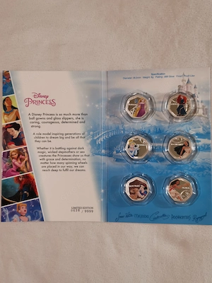 Offizielle Komplettsammlung "Disney Princess" 6 wundervolle Münzen, vergoldet und versilbert