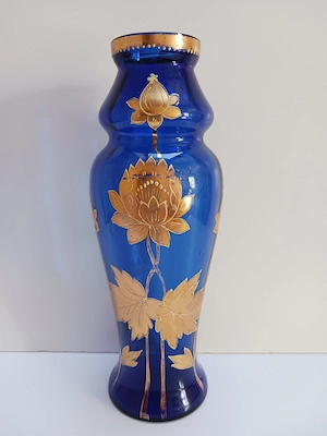 VASE Glas blau gold floral - sehr leicht - edel - handbemalt - Blumen - selten - Vintage - 1960er  