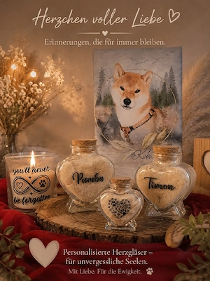 Herzchen Gedenkgläser für Fell, Asche, Zähnchen  