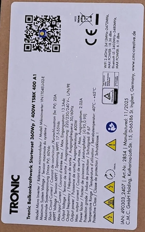 TRONIC Wechselrichter 400W mit 5 m Anschlusskabel aus Lidl Balkonkraftwerk Starterset Bild 2