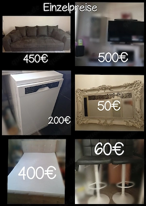 Haushaltsauflösung, Boxspringbett + Topper, Big-Sofa, TV+Sounbar, Barhocker, Spülmaschine, Spiegel