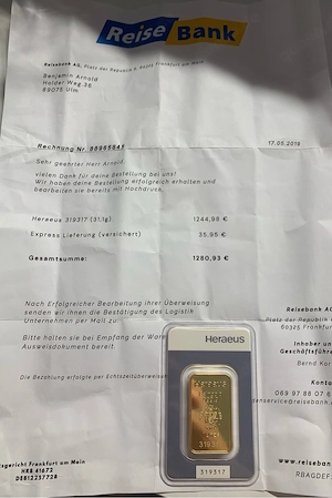 Gold Barren 31,1g Notverkauf Original Rechnung
