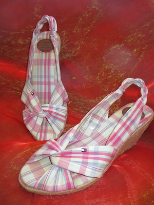 NEU 50er Jahre Rockabilly Style Keil Absatz Wedges Karo Stoff SANDALEN SANDALETTEN HILFIGER Gr.38  5