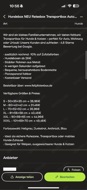 Hundebox NEU Transportbox Reisebox Autobox Faltbar Hundebett  Bild 5