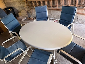 großes Gartenmöbel Set 7 Teile + 6 Garten Stühle mit Sitzauflage blau + Tisch oval 105 x 155 cm