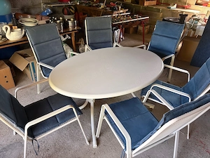 großes Gartenmöbel Set 7 Teile + 6 Garten Stühle mit Sitzauflage blau + Tisch oval 105 x 155 cm Bild 3