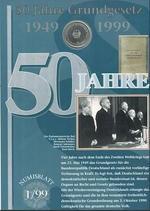  10 DM Silbermünze zum Gedenken an 50 Jahre Grundgesetz 1949-1999