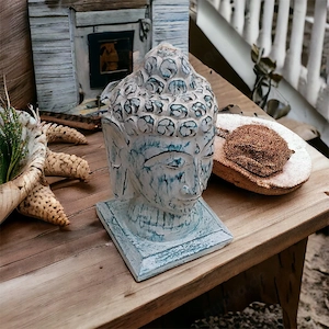 Handgeschnitzter Buddhakopf aus Holz in Türkis   ca. 27 cm hoch, Yogadeko, Yogastudio Bild 5