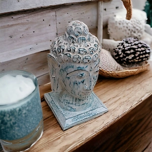Handgeschnitzter Buddhakopf aus Holz in Türkis   ca. 27 cm hoch, Yogadeko, Yogastudio Bild 7