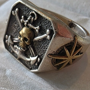 Clocks & Colours Ring   925 Sterling Silber & Messing   Skull   Anchor   Compass   seltenes älteres 