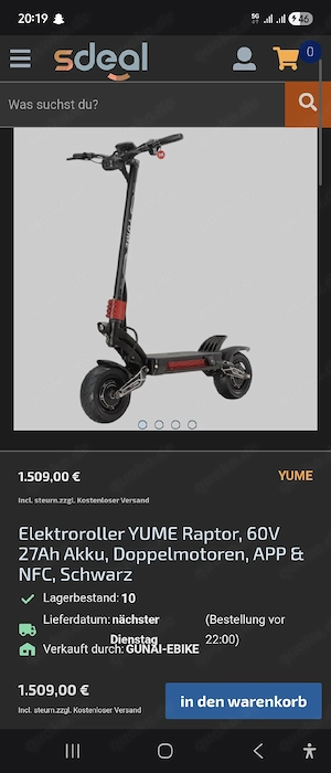 Elektroroller YUME Raptor, 60V 27Ah Akku, Doppelmotoren, APP & NFC, Schwarz