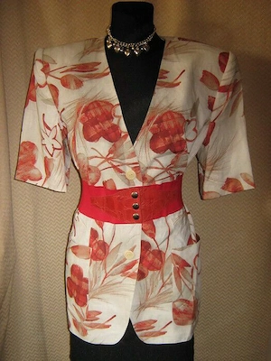 NEU Original VINTAGE Blumen Blüten Kurzarm Leinen Anzug Kostüm BLAZER VILA 40- 42  M terra crem 